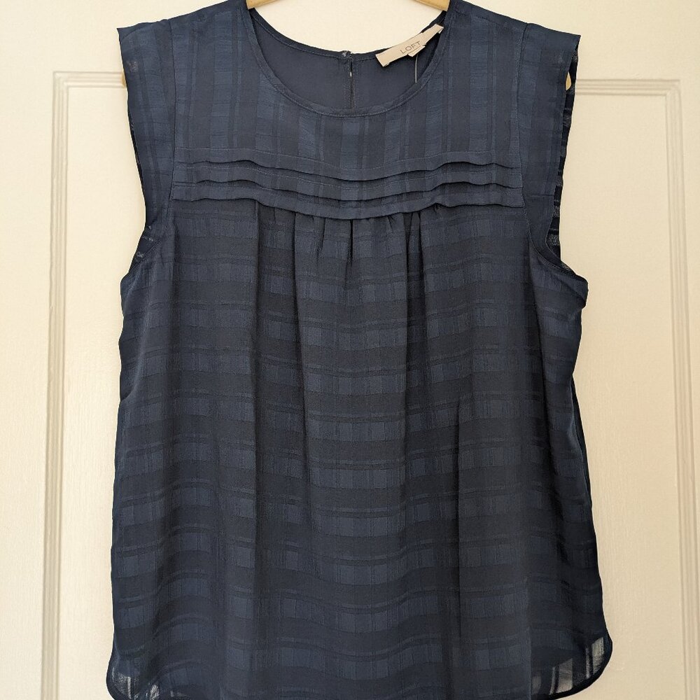 Ann Taylor Loft Plaid Texture Pleated Yoke Shell Navy Blue Women's Large